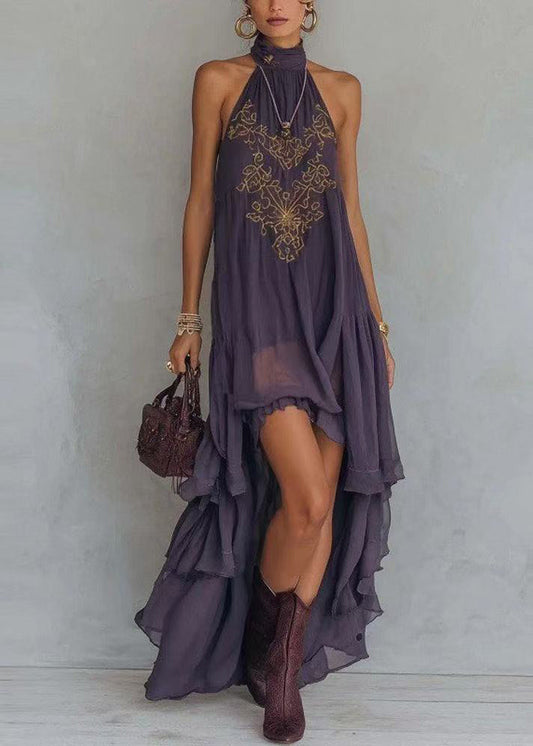 Fashion Dark Purple Embroidered Ruffled Low High Design Dress Sleeveless