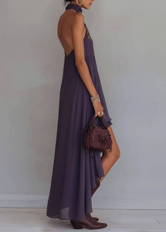 Fashion Dark Purple Embroidered Ruffled Low High Design Dress Sleeveless