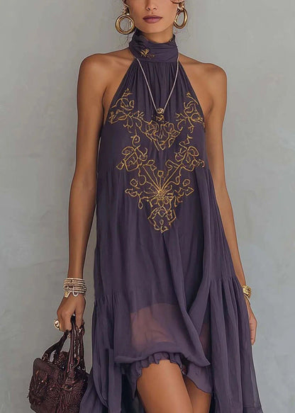 Fashion Dark Purple Embroidered Ruffled Low High Design Dress Sleeveless