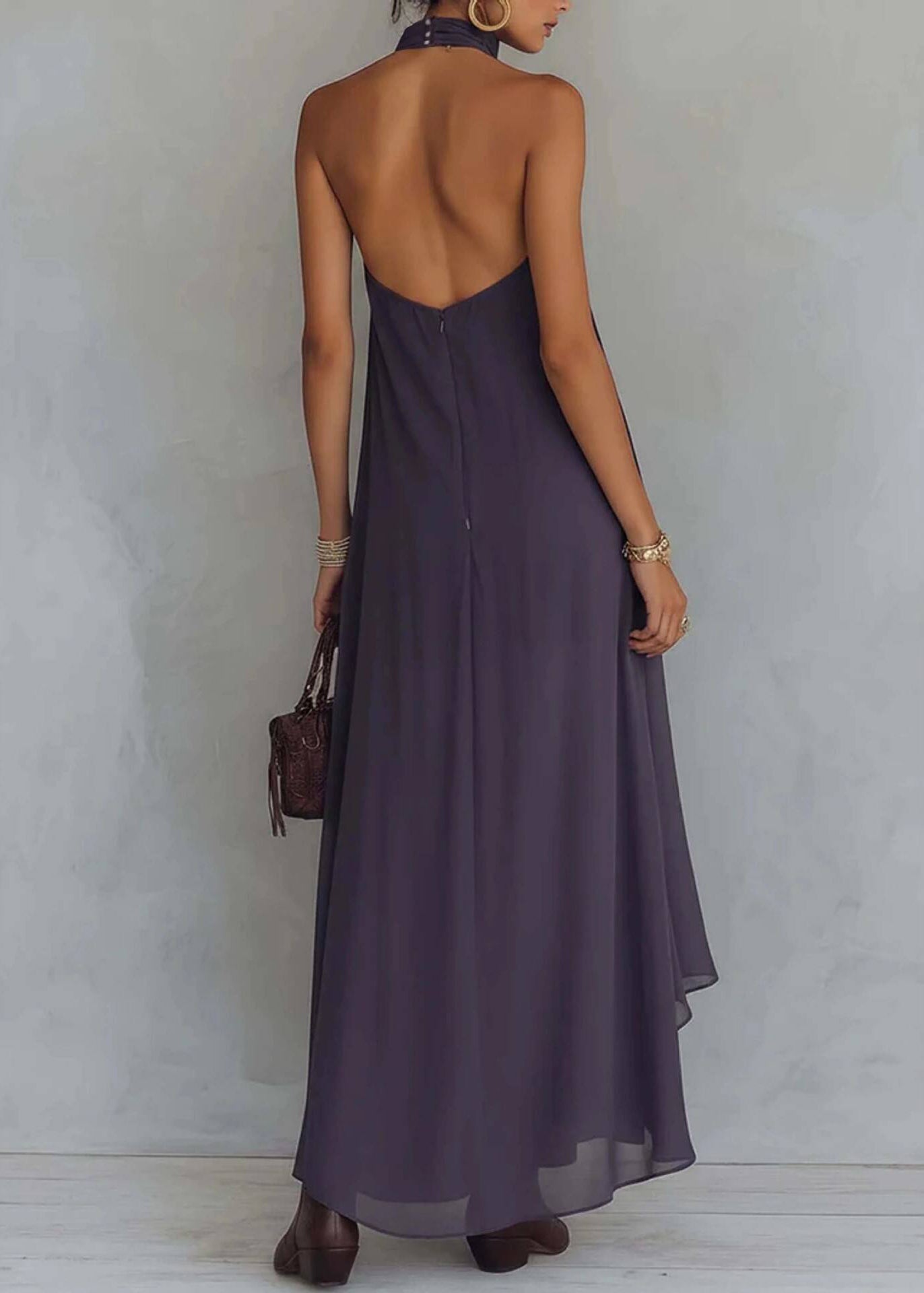 Fashion Dark Purple Embroidered Ruffled Low High Design Dress Sleeveless