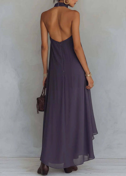 Fashion Dark Purple Embroidered Ruffled Low High Design Dress Sleeveless