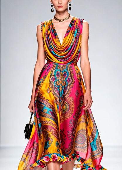 Fashion Draped Neckline Ruffled Print Chiffon Dresses Summer