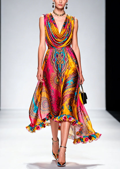 Fashion Draped Neckline Ruffled Print Chiffon Dresses Summer