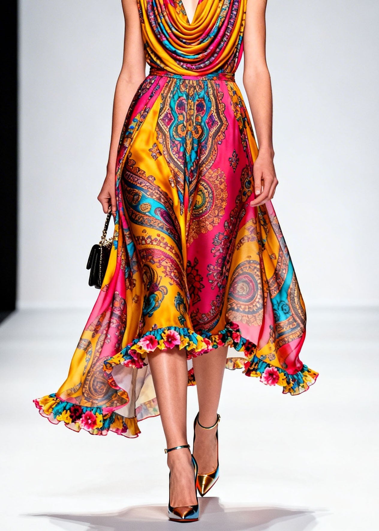 Fashion Draped Neckline Ruffled Print Chiffon Dresses Summer