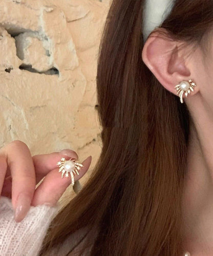 Fashion Gold Alloy Zircon Pearl Fireworks Stud Earrings