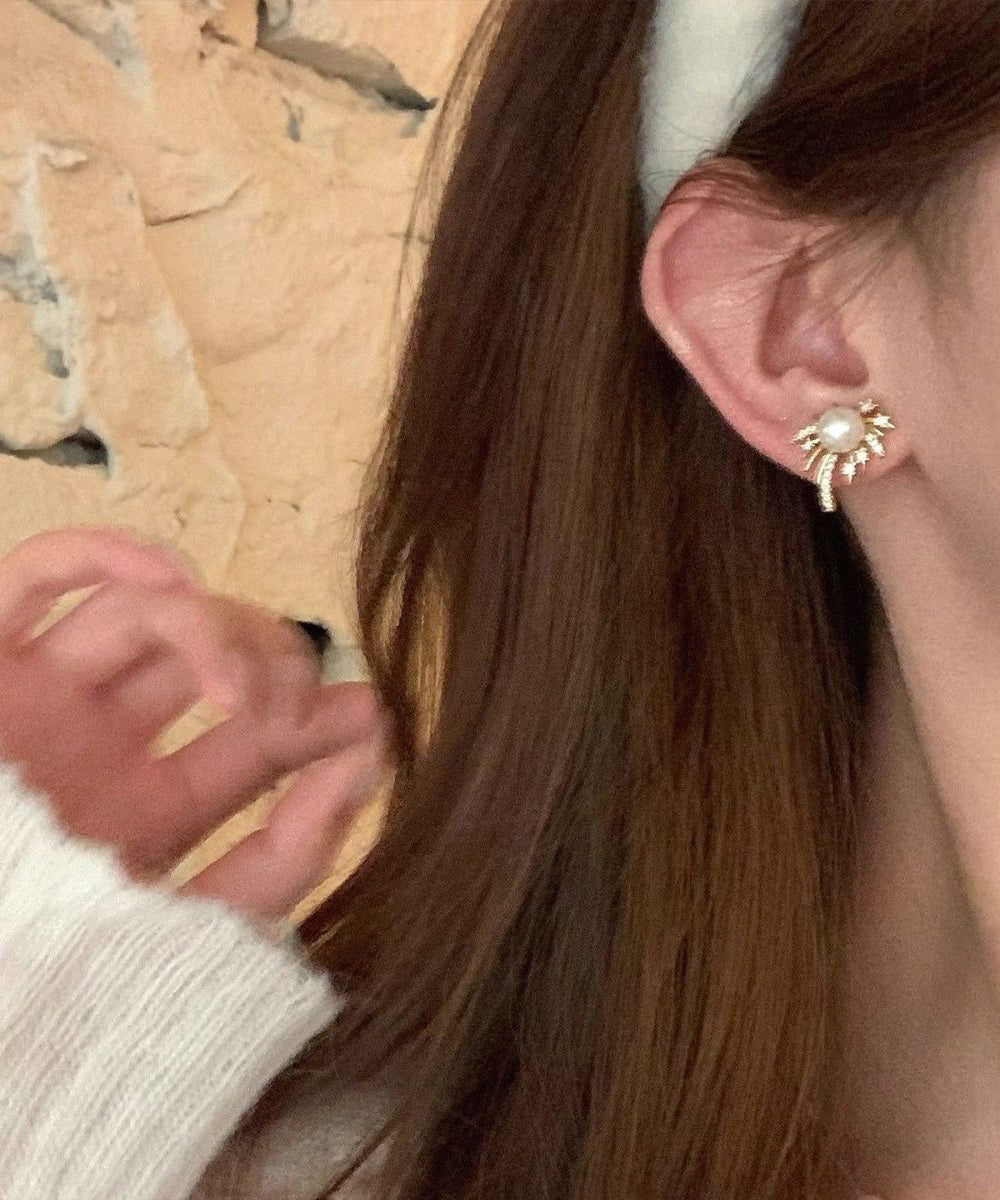 Fashion Gold Alloy Zircon Pearl Fireworks Stud Earrings