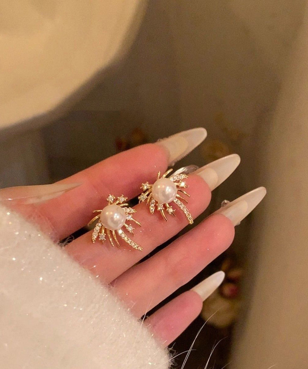 Fashion Gold Alloy Zircon Pearl Fireworks Stud Earrings