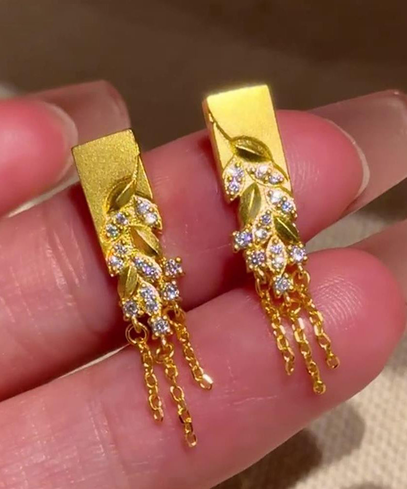 Fashion Gold Copper Alloy Zircon Fallen Leaves Tassel Stud Earrings