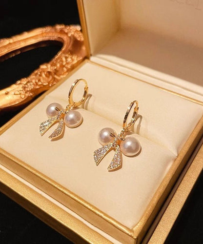 Fashion Gold Copper Alloy Zircon Patchwork Bow Pearl Hoop Earrings