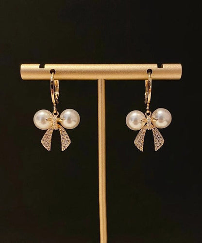 Fashion Gold Copper Alloy Zircon Patchwork Bow Pearl Hoop Earrings