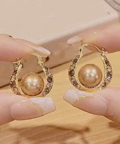 Fashion Gold Copper Alloy Zircon Pearl Hoop Earrings