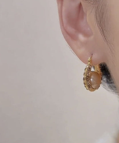 Fashion Gold Copper Alloy Zircon Pearl Hoop Earrings