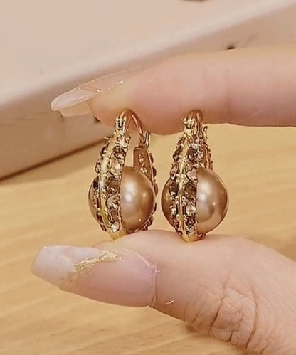 Fashion Gold Copper Alloy Zircon Pearl Hoop Earrings