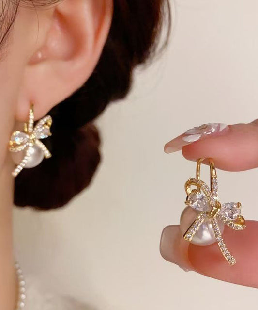 Fashion Gold Copper Overgild Zircon Bow Pearl Stud Earrings