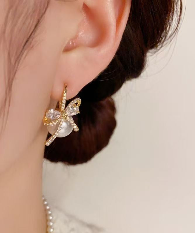 Fashion Gold Copper Overgild Zircon Bow Pearl Stud Earrings