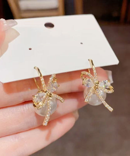 Fashion Gold Copper Overgild Zircon Bow Pearl Stud Earrings