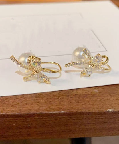 Fashion Gold Copper Overgild Zircon Bow Pearl Stud Earrings