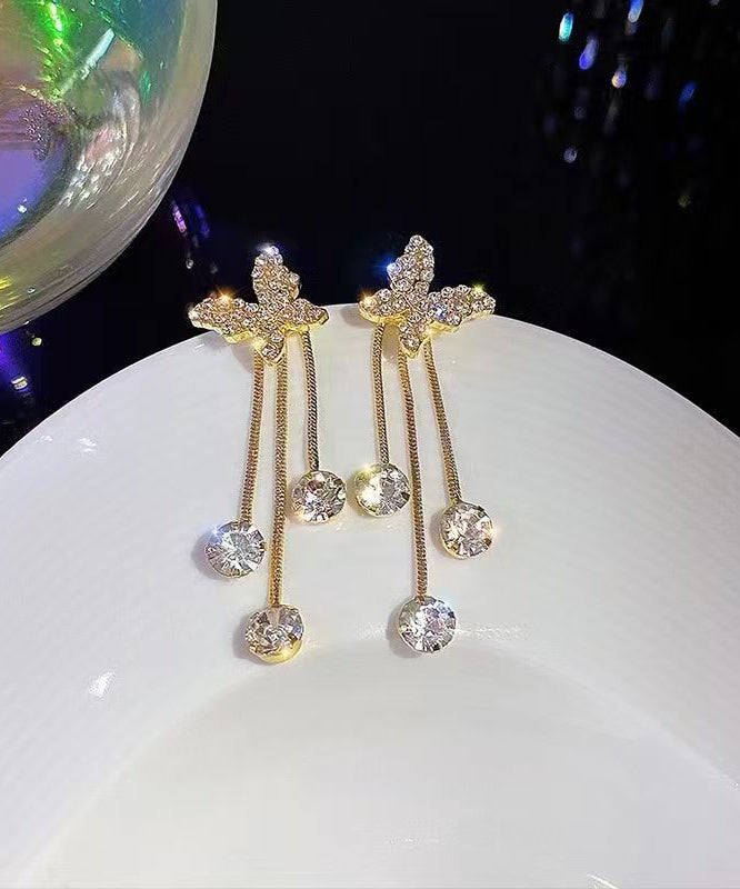 Fashion Gold Copper Overgild Zircon Butterfly Tassel Drop Earrings