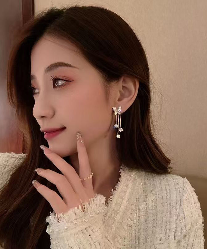 Fashion Gold Copper Overgild Zircon Butterfly Tassel Drop Earrings