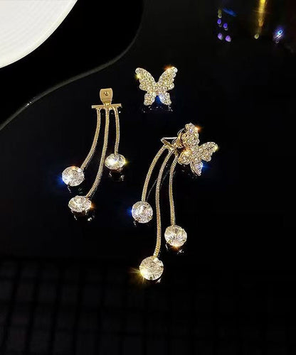 Fashion Gold Copper Overgild Zircon Butterfly Tassel Drop Earrings