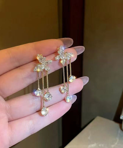 Fashion Gold Copper Overgild Zircon Butterfly Tassel Drop Earrings