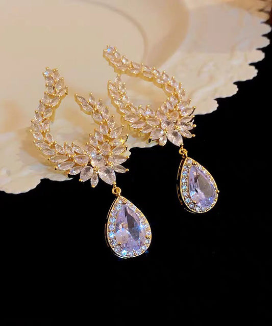 Fashion Gold Copper Overgild Zircon Leaf Water Droplet Drop Earrings