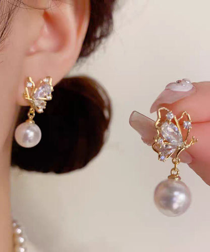 Fashion Gold Copper Overgild Zircon Pearl Butterfly Drop Earrings