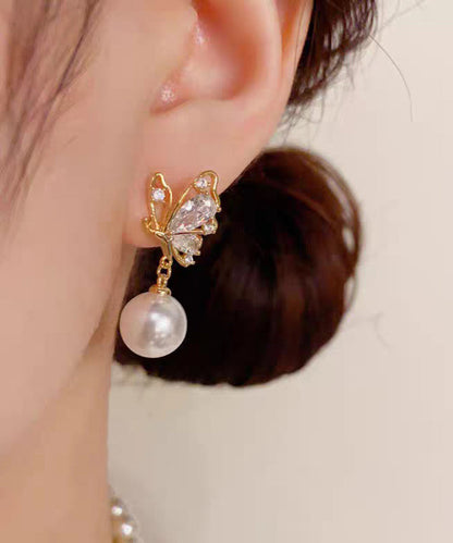 Fashion Gold Copper Overgild Zircon Pearl Butterfly Drop Earrings