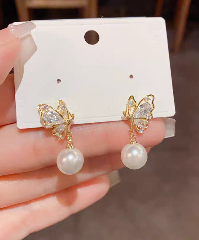 Fashion Gold Copper Overgild Zircon Pearl Butterfly Drop Earrings