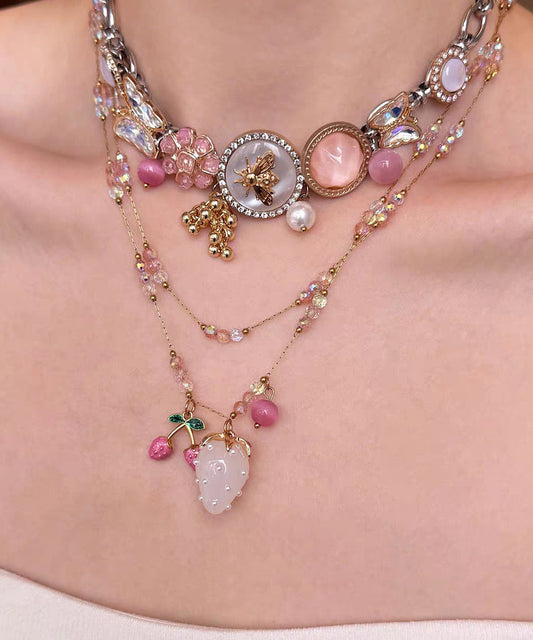 Fashion Gold Sterling Silver Overgild Floral Cherry Jade Pendant Necklace Two-Piece Set