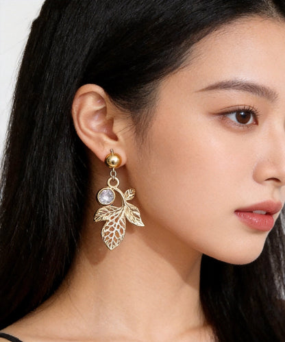 Fashion Gold Zircon Hollow Out Leaf Drop Earrings
