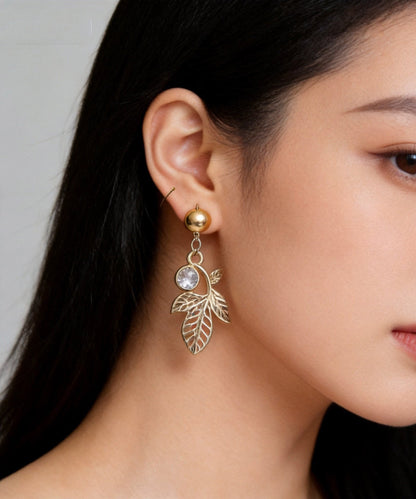 Fashion Gold Zircon Hollow Out Leaf Drop Earrings