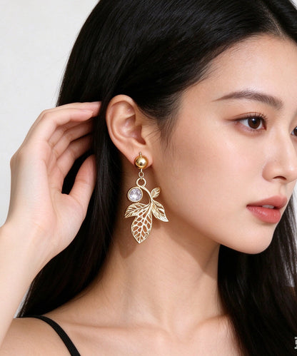 Fashion Gold Zircon Hollow Out Leaf Drop Earrings