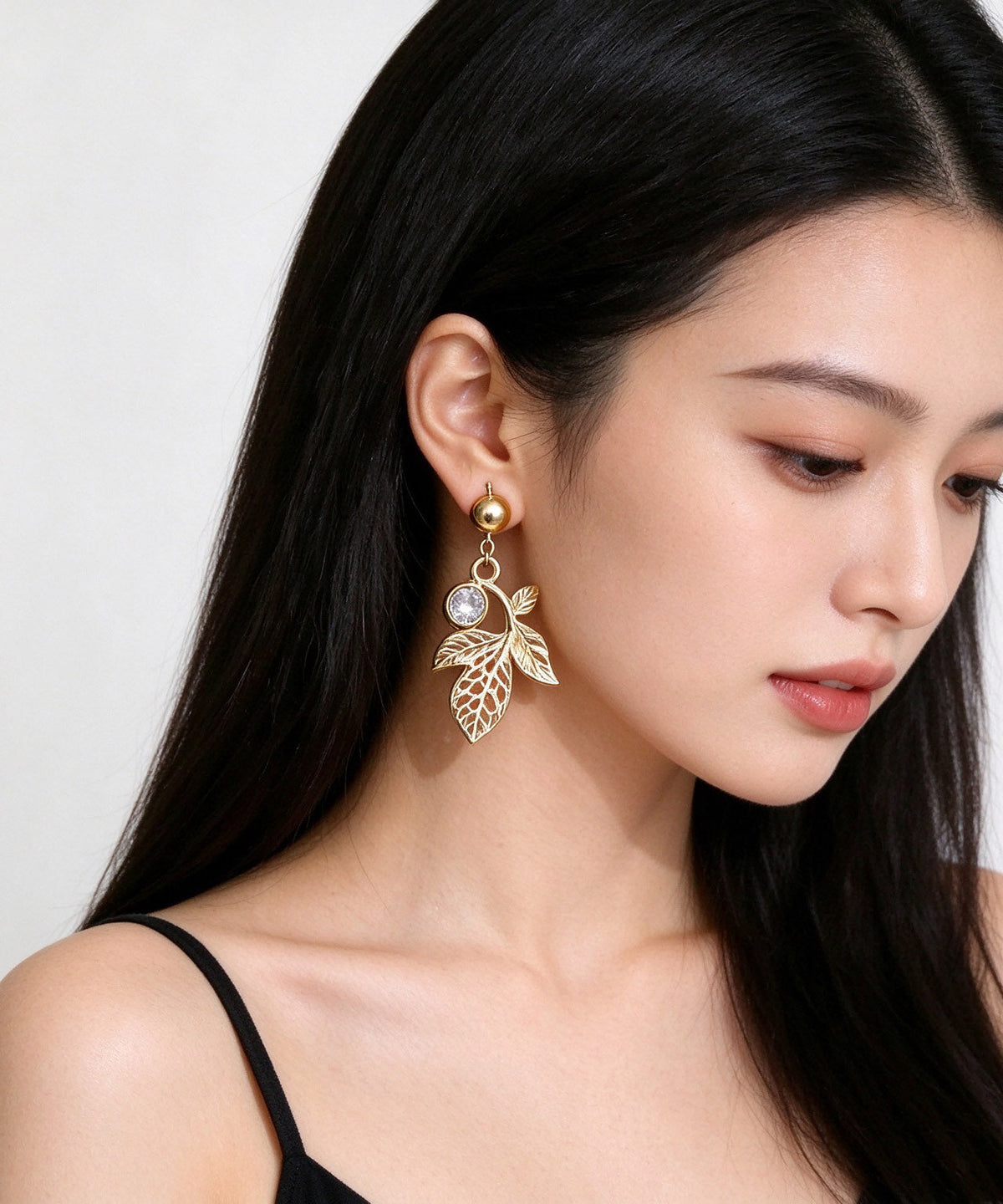 Fashion Gold Zircon Hollow Out Leaf Drop Earrings