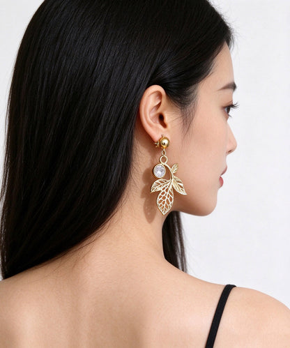 Fashion Gold Zircon Hollow Out Leaf Drop Earrings