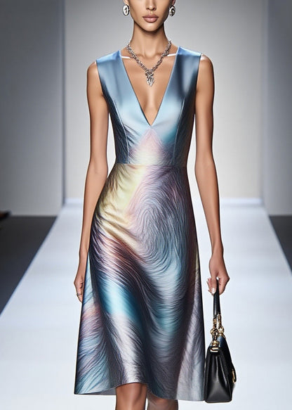 Fashion Gradient Blue V Neck Silm Fit Silk Tea Dress Sleeveless
