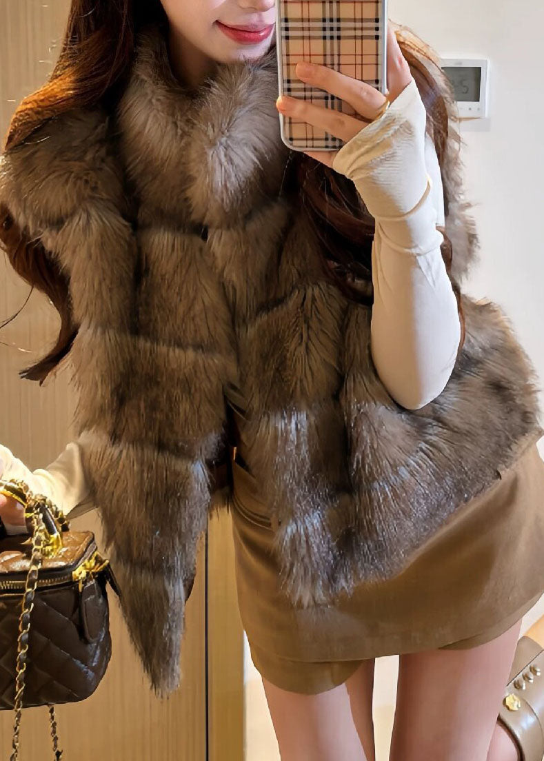 Fashion Gradient Color Coffee Stand Collar Patchwork Mink Velvet Waistcoat Winter