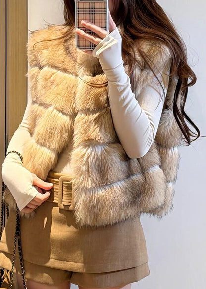Fashion Gradient Color Coffee Stand Collar Patchwork Mink Velvet Waistcoat Winter
