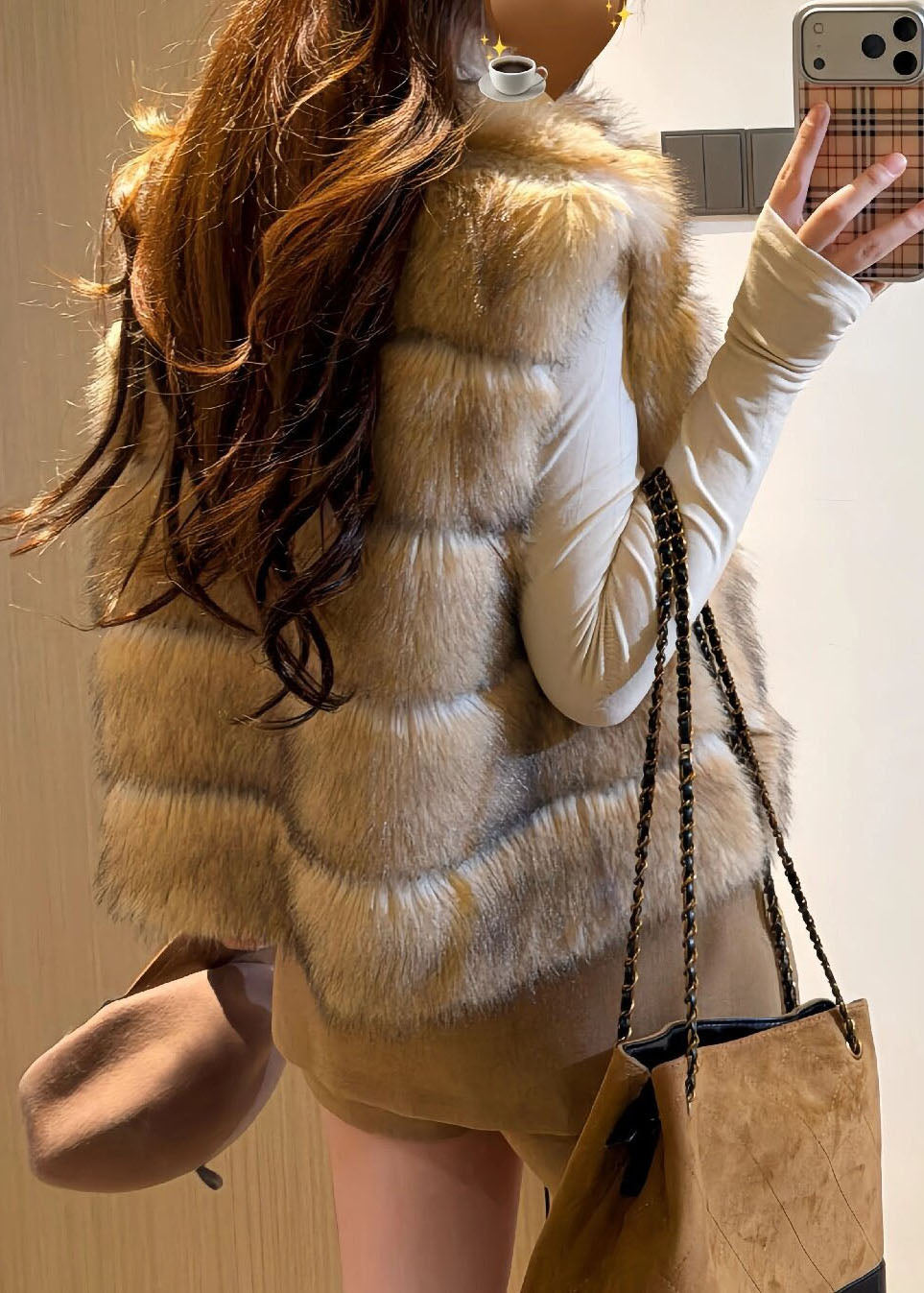 Fashion Gradient Color Coffee Stand Collar Patchwork Mink Velvet Waistcoat Winter
