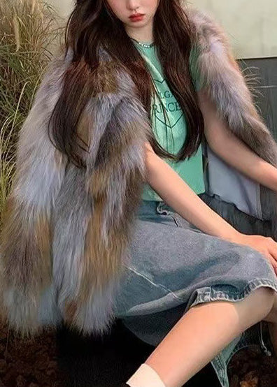 Fashion Gradient Color Oversized Warm Faux Fox Fur Coats Winter