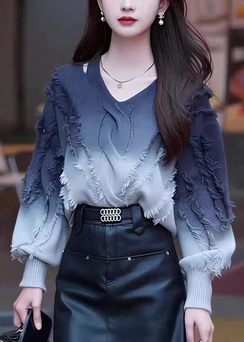 Fashion Gradient Color Tassel Knitted Sweater Tops Fall