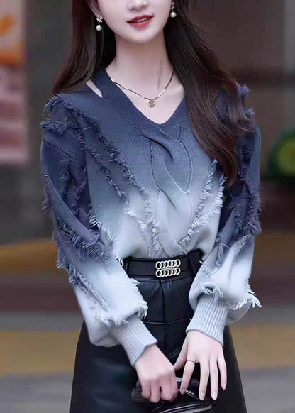 Fashion Gradient Color Tassel Knitted Sweater Tops Fall