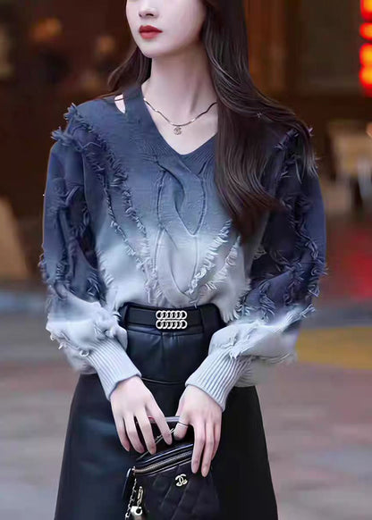Fashion Gradient Color Tassel Knitted Sweater Tops Fall