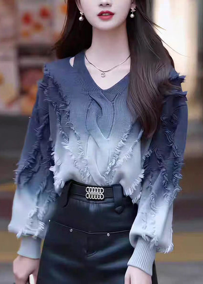 Fashion Gradient Color Tassel Knitted Sweater Tops Fall