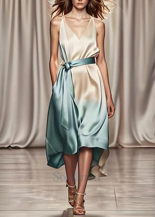 Fashion Gradient Color Tie Waist Draping Silk Maxi Dresses Summer