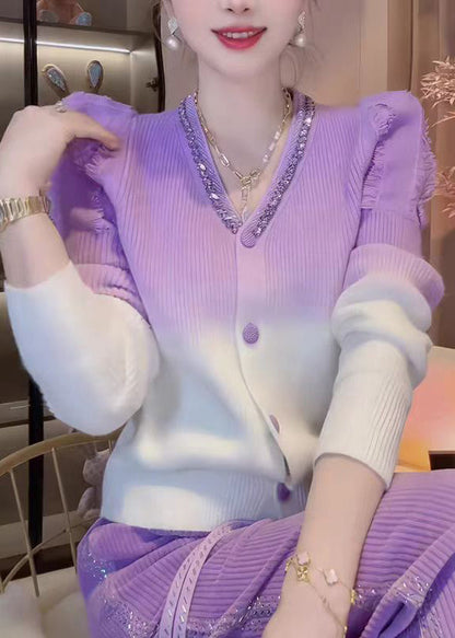 Fashion Gradient Color V Neck Zircon Knit Cardigans Fall