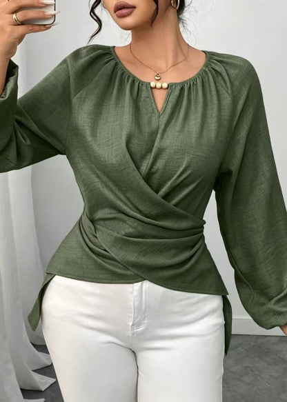 Fashion Green Asymmetrical Lace Up Cotton Shirt Fall