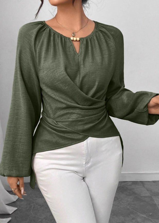 Fashion Green Asymmetrical Lace Up Cotton Shirt Fall