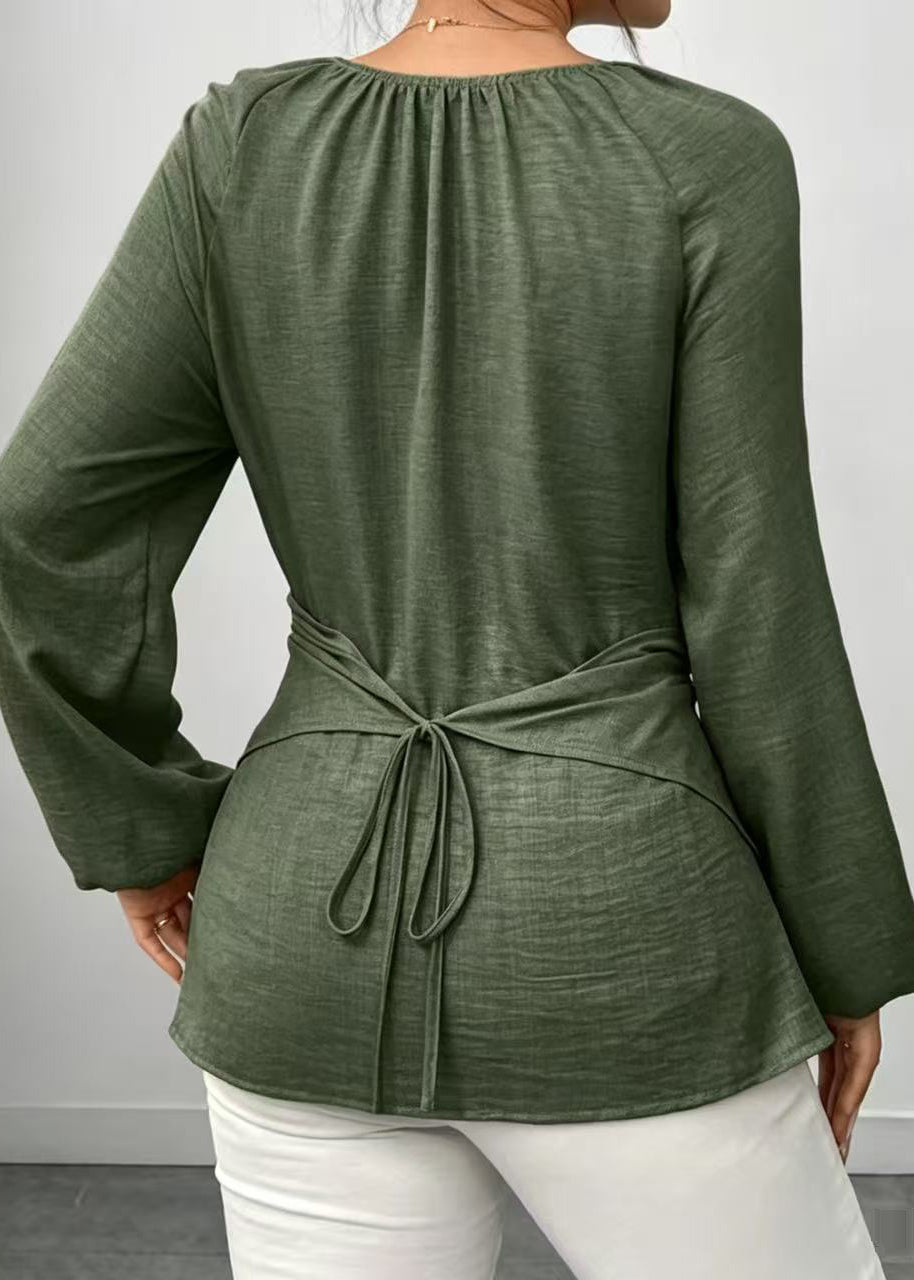 Fashion Green Asymmetrical Lace Up Cotton Shirt Fall