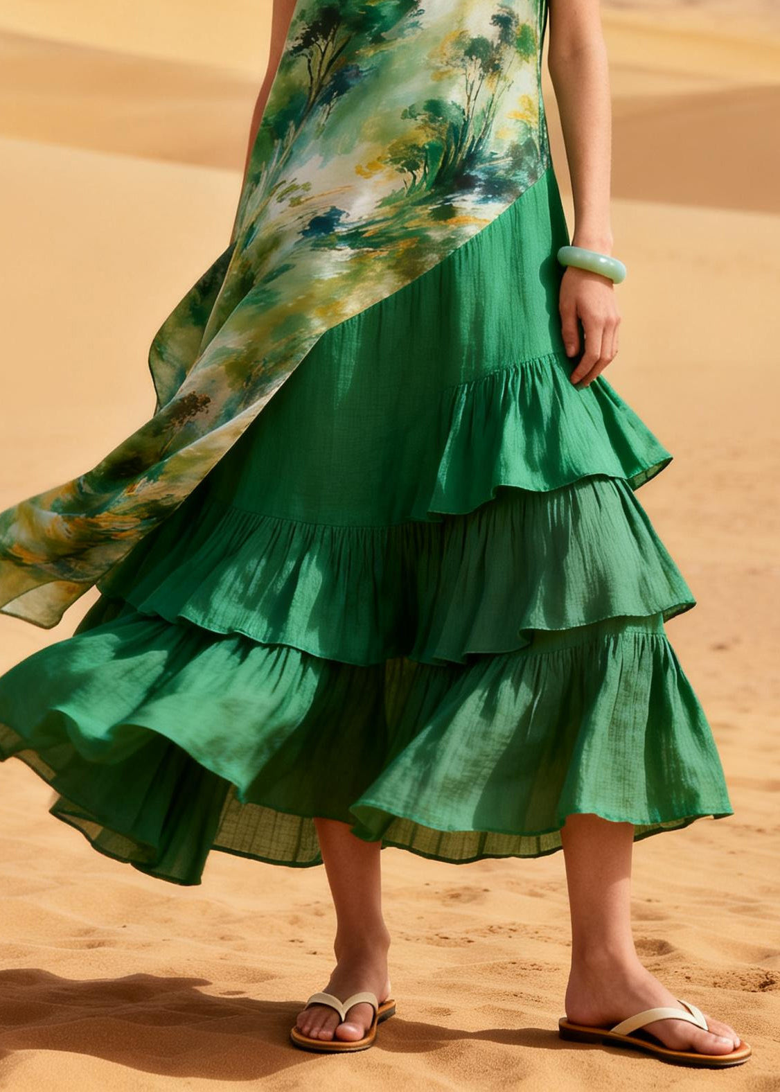 Fashion Green Asymmetrical Patchwork Ruffles Chiffon Ankle Dress Summer
